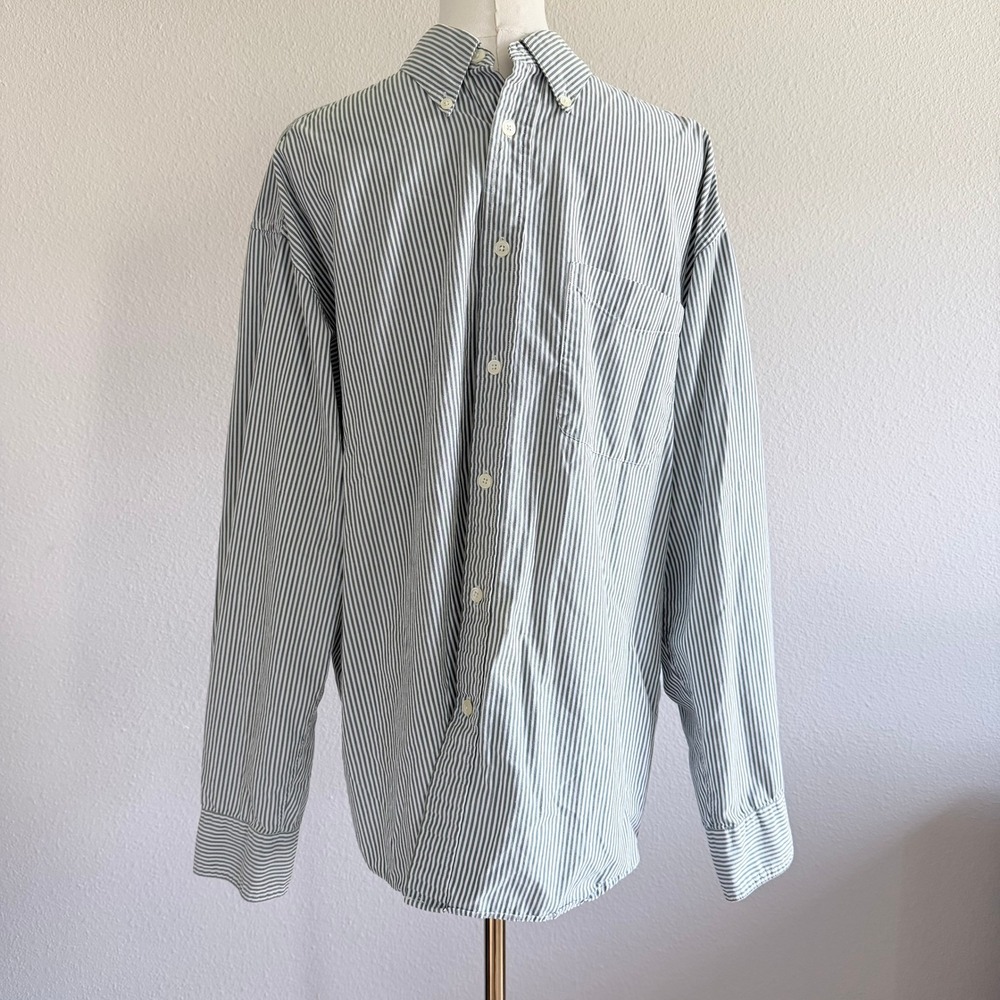 Gap Mens Sanded Cotton Poplin Striped Button Down‎ Shirt Green White Size M